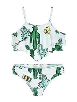 Girl's Bikini Set Flounce Two Piece Swimsuits Kids Ruffled Monokini Bathing Suits White&Green Leaves