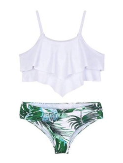 Girl's Bikini Set Flounce Two Piece Swimsuits Kids Ruffled Monokini Bathing Suits White&Green Leaves