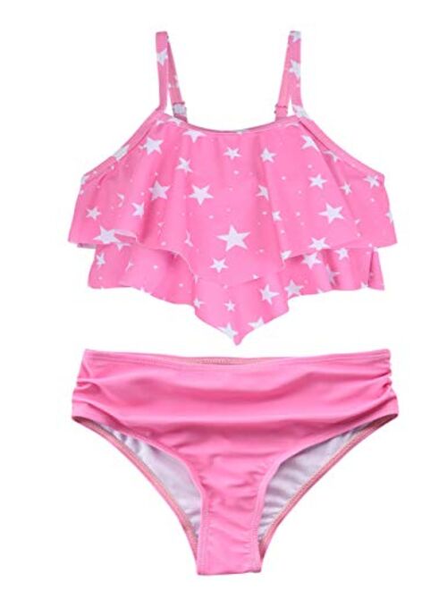 Hilor Girl's Bikini Set Flounce Two Piece Swimsuits Kids Ruffled Monokini Bathing Suits White&Green Leaves