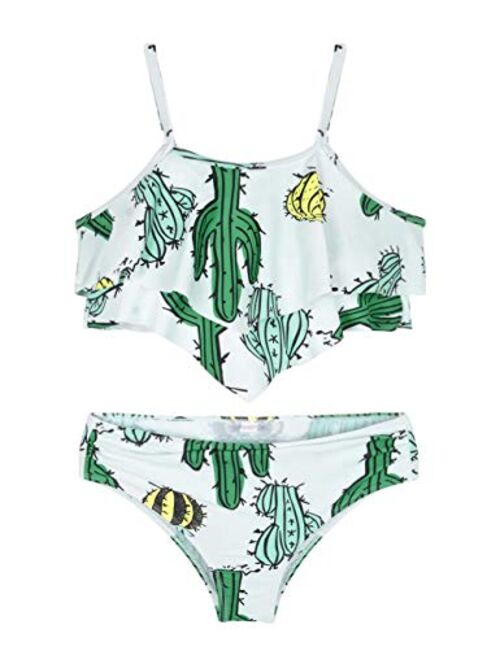 Hilor Girl's Bikini Set Flounce Two Piece Swimsuits Kids Ruffled Monokini Bathing Suits White&Green Leaves