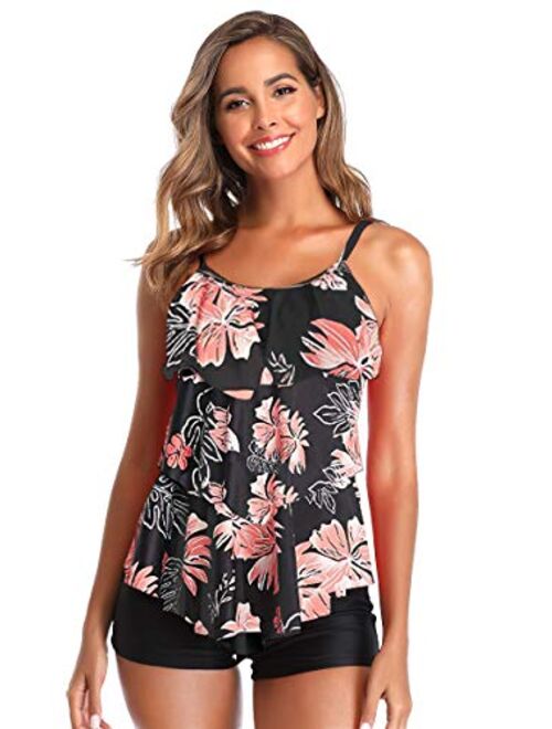 Summer Mae Women 2 Piece Flounce Printed Top with Boyshorts Tankini Bathing Suits