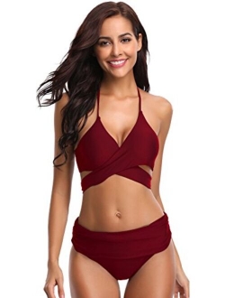 Women's Push-up Halter Bandage Bikini Swimsuits Ruched Swim Bottoms