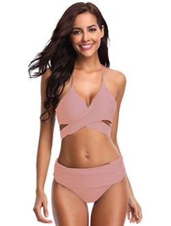 Women's Push-up Halter Bandage Bikini Swimsuits Ruched Swim Bottoms