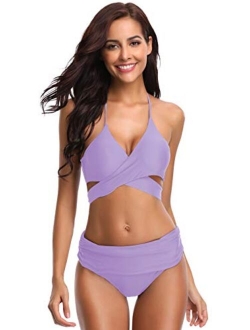 Women's Push-up Halter Bandage Bikini Swimsuits Ruched Swim Bottoms