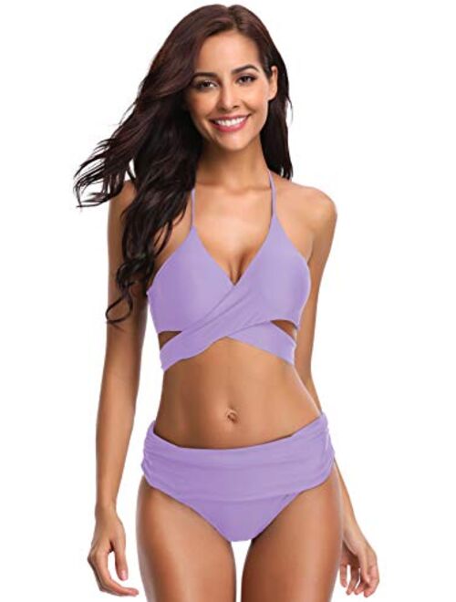 SHEKINI Women's Push-up Halter Bandage Bikini Swimsuits Ruched Swim Bottoms