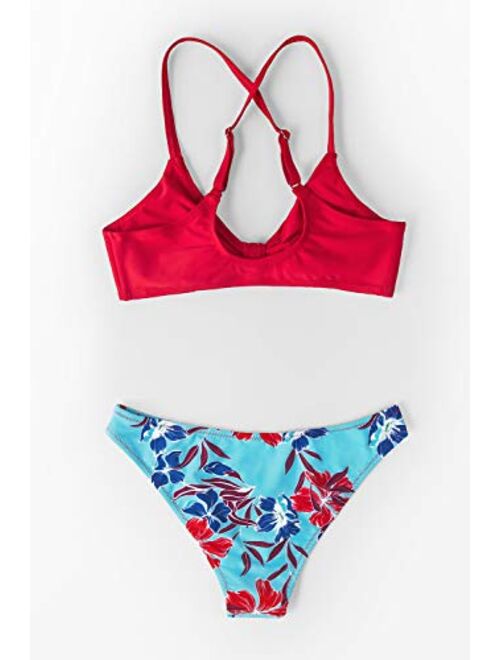 CUPSHE Women's Red Floral Print Knot Adjustable Bikini Sets