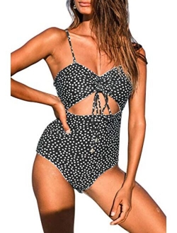 Honlyps Womens One Piece Swimsuits Polka Dot High Waist Bathing Suit Cutout Swimwear Monokini Tie Knot