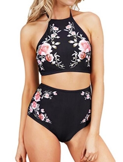 SEASELFIE Women's Black Retro High Waisted Halter Bathing Suit Rose Printing