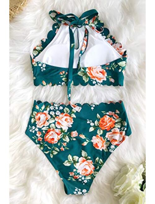 SEASELFIE Women's Black Retro High Waisted Halter Bathing Suit Rose Printing