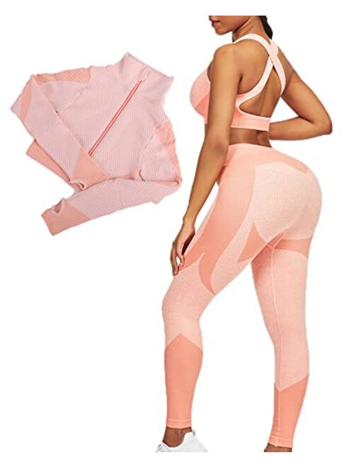 JOYMODE Workout Sets for Women 2 Piece Seamless Textured High Waist Leggings and Crop Top Gym Sets