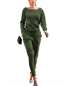 LKOUS Women's 2 Piece Outfit Off Shoulder Long Sleeve Knit Pullover Sweater Top and High Waist Pant Jumpsuits S-3XL