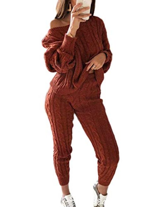 LKOUS Women's 2 Piece Outfit Off Shoulder Long Sleeve Knit Pullover Sweater Top and High Waist Pant Jumpsuits S-3XL