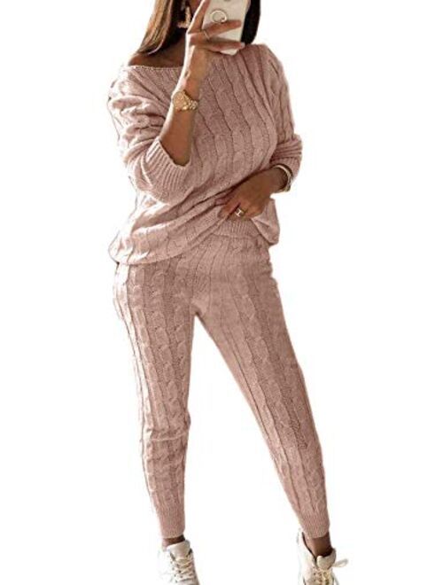 LKOUS Women's 2 Piece Outfit Off Shoulder Long Sleeve Knit Pullover Sweater Top and High Waist Pant Jumpsuits S-3XL