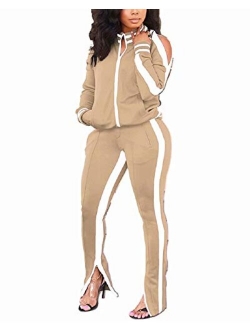 ThusFar Women's Two Piece Outfits Cold Shoulder Bodycon Jacket Pants Jogging Set Tracksuit Sportswear with Pockets Slit