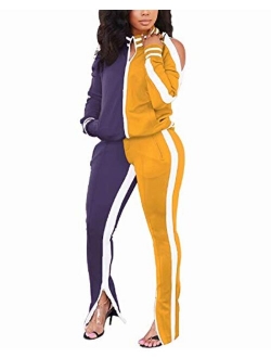 ThusFar Women's Two Piece Outfits Cold Shoulder Bodycon Jacket Pants Jogging Set Tracksuit Sportswear with Pockets Slit