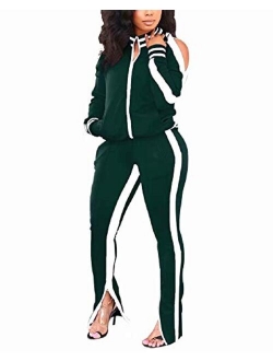 ThusFar Women's Two Piece Outfits Cold Shoulder Bodycon Jacket Pants Jogging Set Tracksuit Sportswear with Pockets Slit