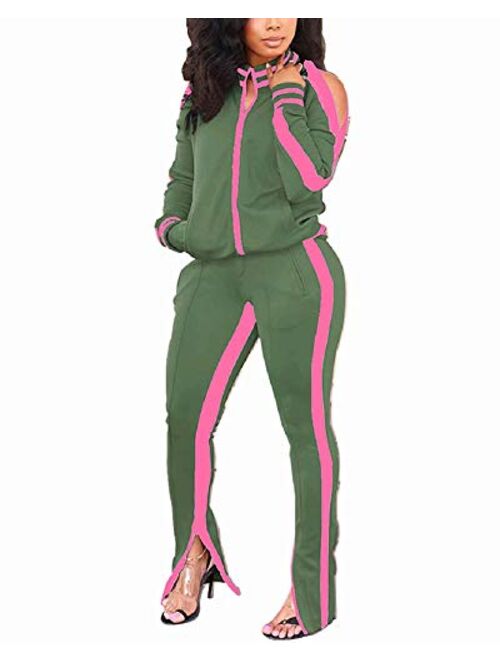 ThusFar Women's Two Piece Outfits Cold Shoulder Bodycon Jacket Pants Jogging Set Tracksuit Sportswear with Pockets Slit