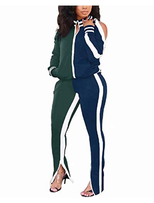 ThusFar Women's Two Piece Outfits Cold Shoulder Bodycon Jacket Pants Jogging Set Tracksuit Sportswear with Pockets Slit