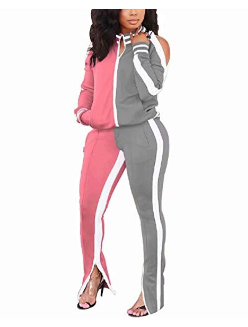 ThusFar Women's Two Piece Outfits Cold Shoulder Bodycon Jacket Pants Jogging Set Tracksuit Sportswear with Pockets Slit