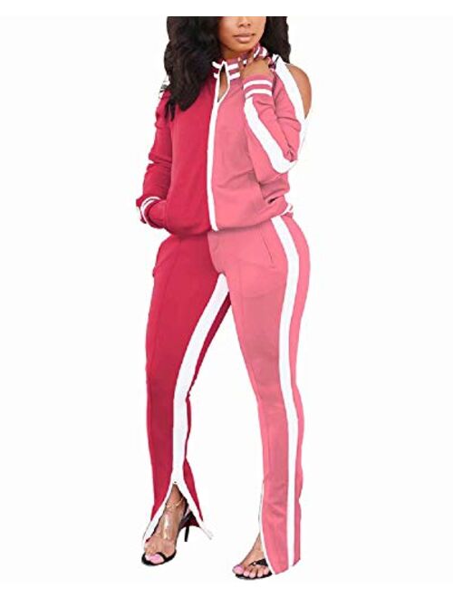 ThusFar Women's Two Piece Outfits Cold Shoulder Bodycon Jacket Pants Jogging Set Tracksuit Sportswear with Pockets Slit