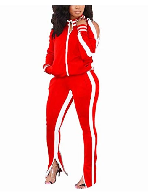 ThusFar Women's Two Piece Outfits Cold Shoulder Bodycon Jacket Pants Jogging Set Tracksuit Sportswear with Pockets Slit