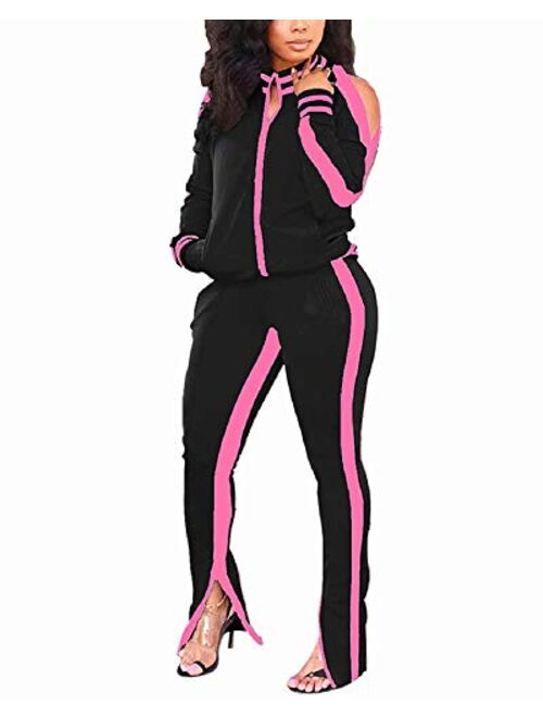 ThusFar Women's Two Piece Outfits Cold Shoulder Bodycon Jacket Pants Jogging Set Tracksuit Sportswear with Pockets Slit