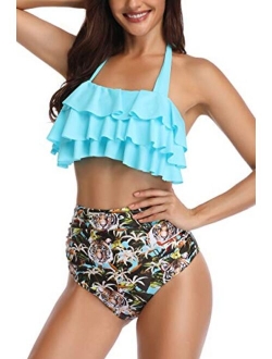 Heat Move Women Retro Flounce High Waisted Bikini Halter Neck Two Piece Swimsuit