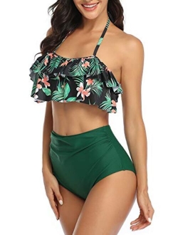 Heat Move Women Retro Flounce High Waisted Bikini Halter Neck Two Piece Swimsuit