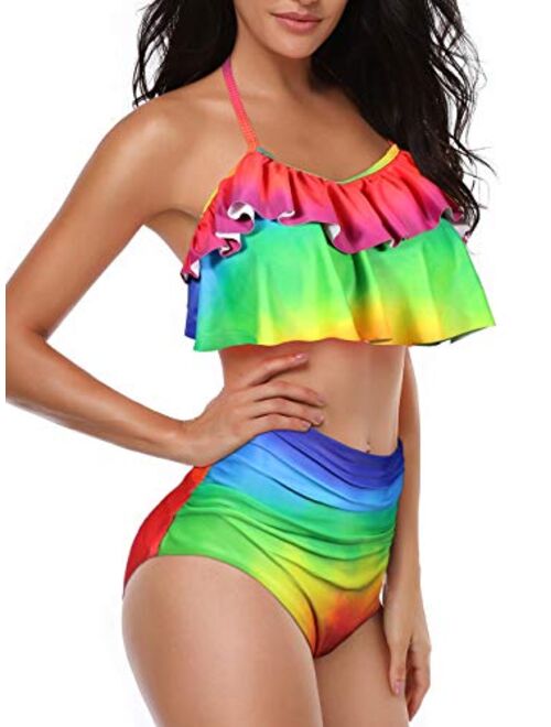 Heat Move Women Retro Flounce High Waisted Bikini Halter Neck Two Piece Swimsuit