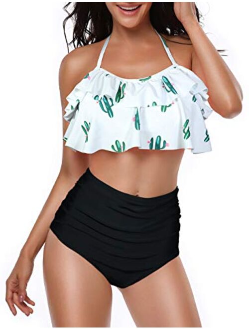 Heat Move Women Retro Flounce High Waisted Bikini Halter Neck Two Piece Swimsuit