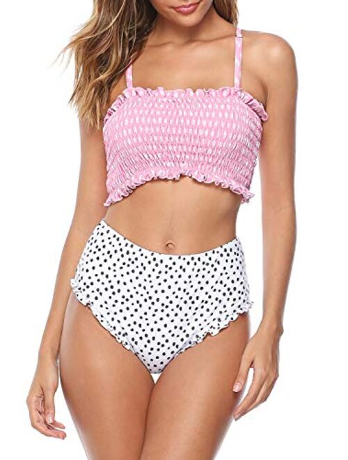 Berryou Women Two Piece Swimsuit Smocked Cute Bathing Suit Floral Printed Pleated Bikini Set