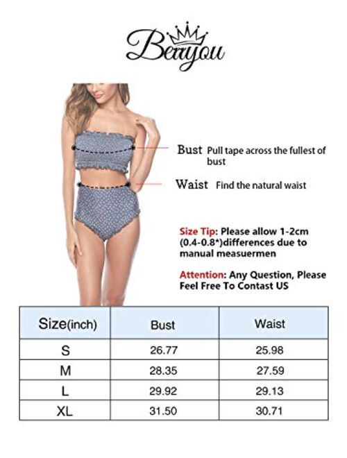 Berryou Women Two Piece Swimsuit Smocked Cute Bathing Suit Floral Printed Pleated Bikini Set