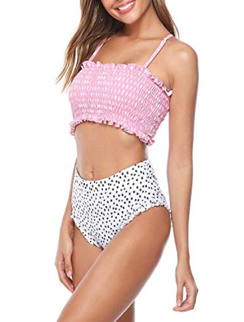 Berryou Women Two Piece Swimsuit Smocked Cute Bathing Suit Floral Printed Pleated Bikini Set