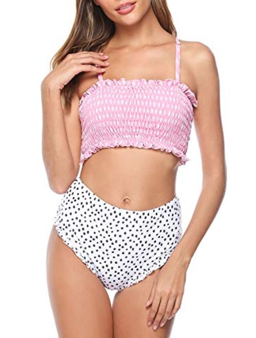 Berryou Women Two Piece Swimsuit Smocked Cute Bathing Suit Floral Printed Pleated Bikini Set