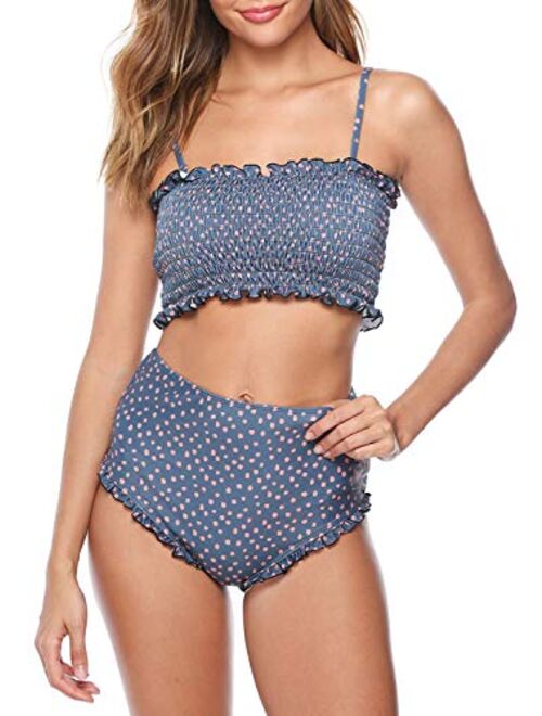 Berryou Women Two Piece Swimsuit Smocked Cute Bathing Suit Floral Printed Pleated Bikini Set