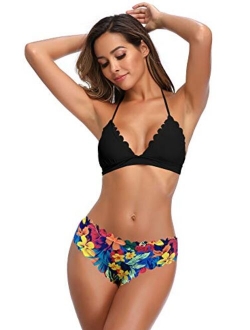 Women's Scalloped Triangle Bikini Floral Print Bottom Two Piece Swimsuit