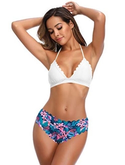 Women's Scalloped Triangle Bikini Floral Print Bottom Two Piece Swimsuit