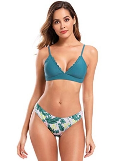 Women's Scalloped Triangle Bikini Floral Print Bottom Two Piece Swimsuit