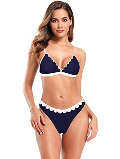 SHEKINI Women's Scalloped Triangle Bikini Floral Print Bottom Two Piece Swimsuit