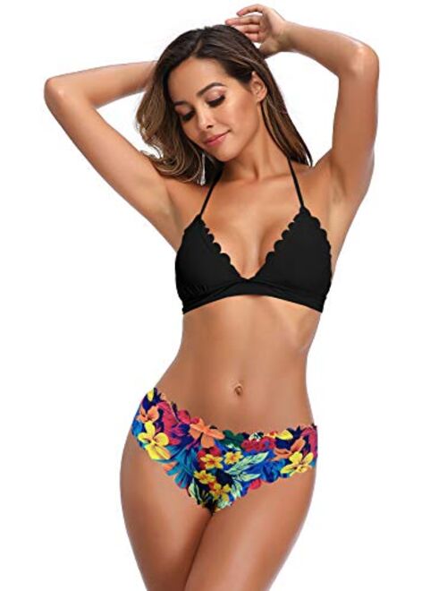 SHEKINI Women's Scalloped Triangle Bikini Floral Print Bottom Two Piece Swimsuit