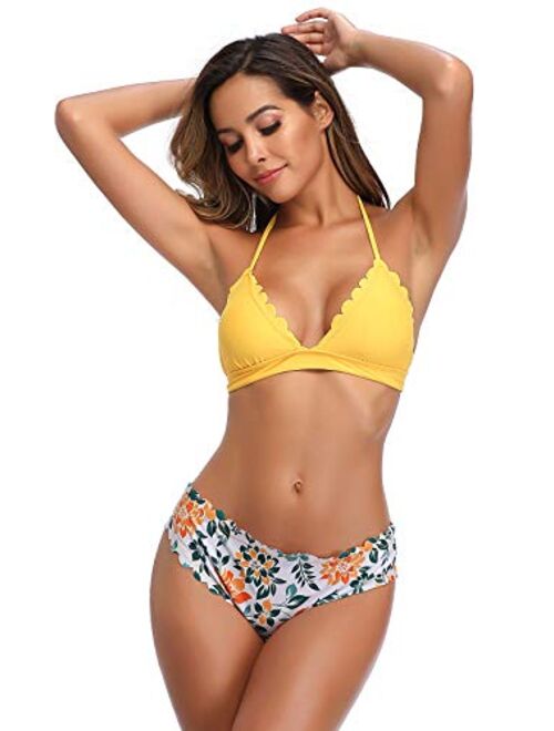 SHEKINI Women's Scalloped Triangle Bikini Floral Print Bottom Two Piece Swimsuit