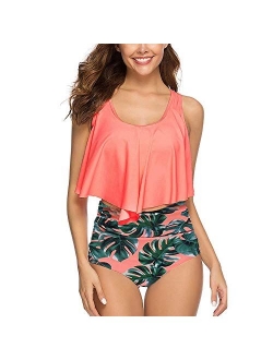 Summer Mae Womens Floral Printed Ruffle High Waisted Bikini Set Womens Tummy Control Bathing Suit Swimsuit Flounce Peplum