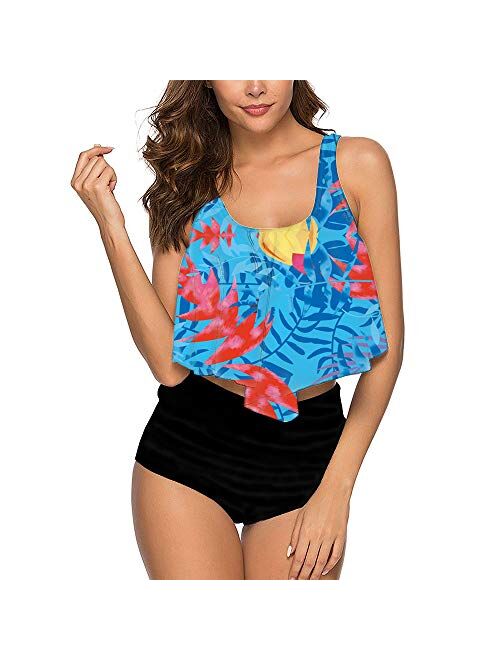 Summer Mae Womens Floral Printed Ruffle High Waisted Bikini Set Womens Tummy Control Bathing Suit Swimsuit Flounce Peplum