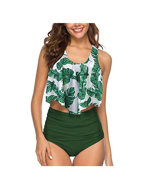 Summer Mae Womens Floral Printed Ruffle High Waisted Bikini Set Womens Tummy Control Bathing Suit Swimsuit Flounce Peplum