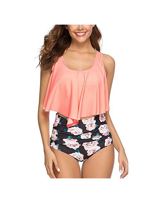 Summer Mae Womens Floral Printed Ruffle High Waisted Bikini Set Womens Tummy Control Bathing Suit Swimsuit Flounce Peplum