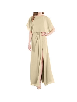 MACloth Boat Neck Flutter Sleeves Long Wedding Party Bridesmaid Dress