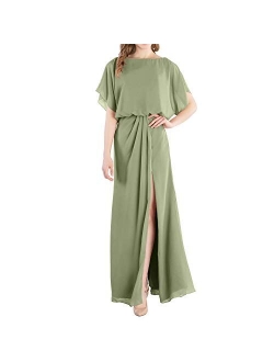 MACloth Boat Neck Flutter Sleeves Long Wedding Party Bridesmaid Dress