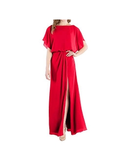 MACloth Boat Neck Flutter Sleeves Long Wedding Party Bridesmaid Dress