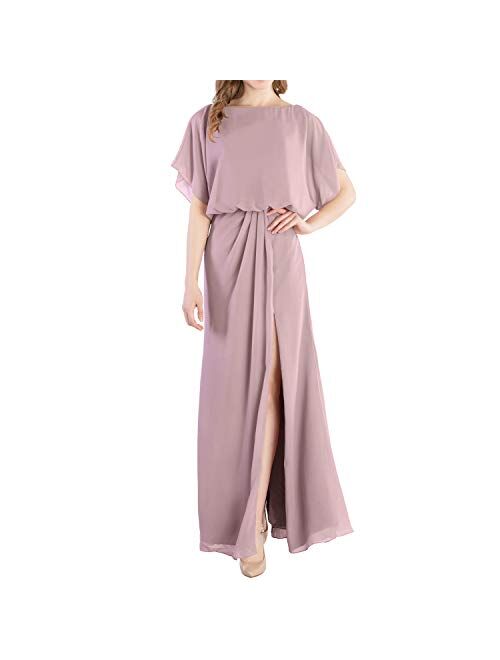 MACloth Boat Neck Flutter Sleeves Long Wedding Party Bridesmaid Dress