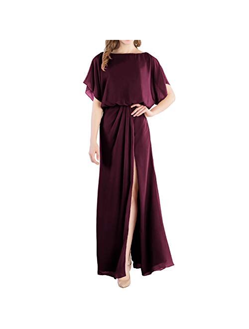 MACloth Boat Neck Flutter Sleeves Long Wedding Party Bridesmaid Dress